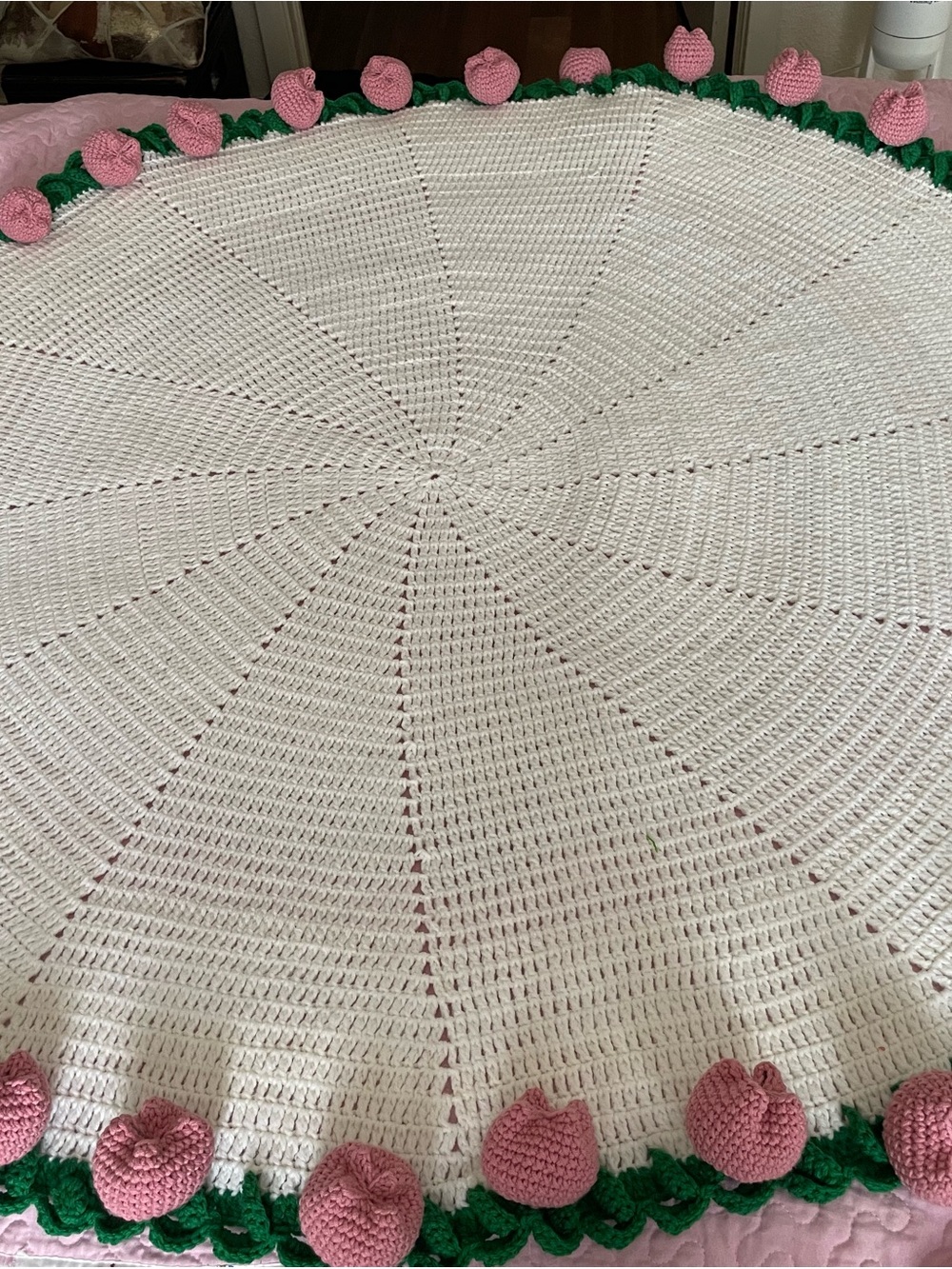 Hand-Crocheted Cream Sweater with Pink Floral Trim